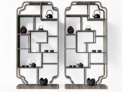 Chinese Style Symmetrical Antique Display Shelves With Teapots Vases And Decorative Cups 3d model
