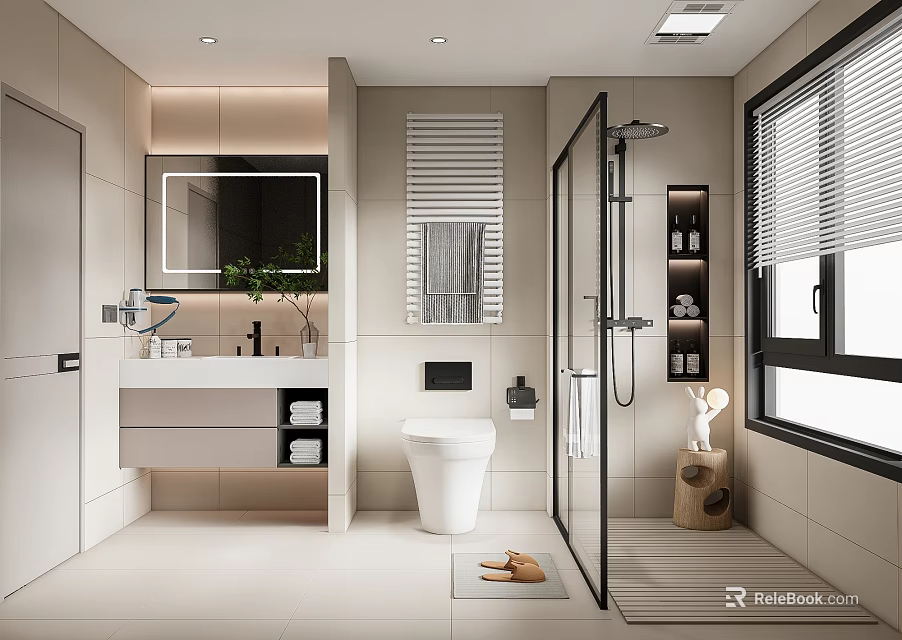 Modern Bathroom With White Tiles Shower Enclosure Toilet Vanity Mirror And Window Blinds Design 3d model 