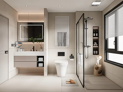Modern Bathroom With White Tiles Shower Enclosure Toilet Vanity Mirror And Window Blinds Design 3d model