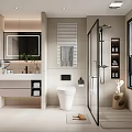 Modern Bathroom With White Tiles Shower Enclosure Toilet Vanity Mirror And Window Blinds Design