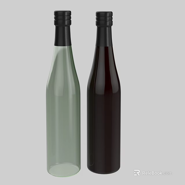Two Light Green And Dark Brown Wine Bottles With Black Caps On Gray Background 3d model 