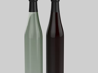 Two Light Green And Dark Brown Wine Bottles With Black Caps On Gray Background 3d model