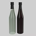 Two Light Green And Dark Brown Wine Bottles With Black Caps On Gray Background