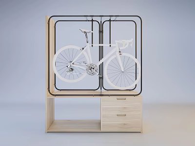 Wooden Display Cabinet Shelf With Black Metal Frame Holding White Bicycle And Drawers 3d model