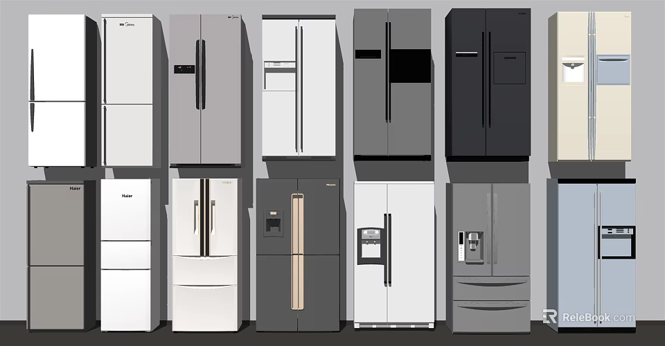 Various Modern Refrigerators And Freezers With Different Designs And Colors 3d model