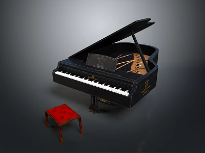 Black Grand Piano With Red Stool For Home Living Room Furniture 3d model