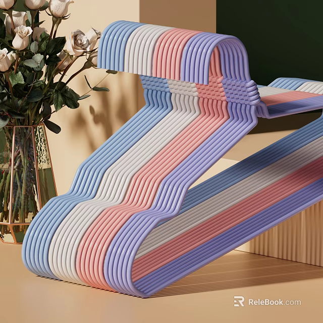 Blue Pink White Striped Hangers with Ribbed Design and Vase with Flowers on Wood Floor 3d model 