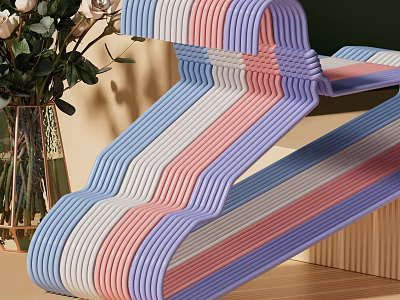 Blue Pink White Striped Hangers with Ribbed Design and Vase with Flowers on Wood Floor 3d model