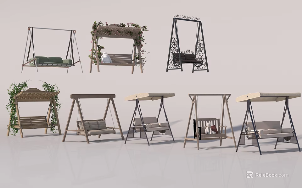 Outdoor Hanging Swing Chairs with Various Designs Wooden Metal Frames Canopy Greenery and Comfortable Cushions 3d model 