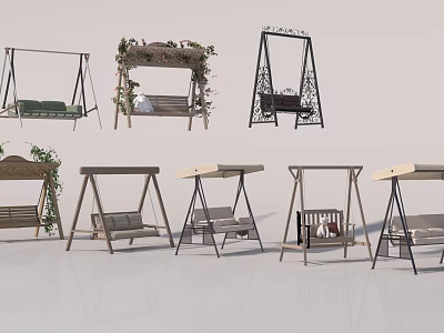 Outdoor Hanging Swing Chairs with Various Designs Wooden Metal Frames Canopy Greenery and Comfortable Cushions 3d model