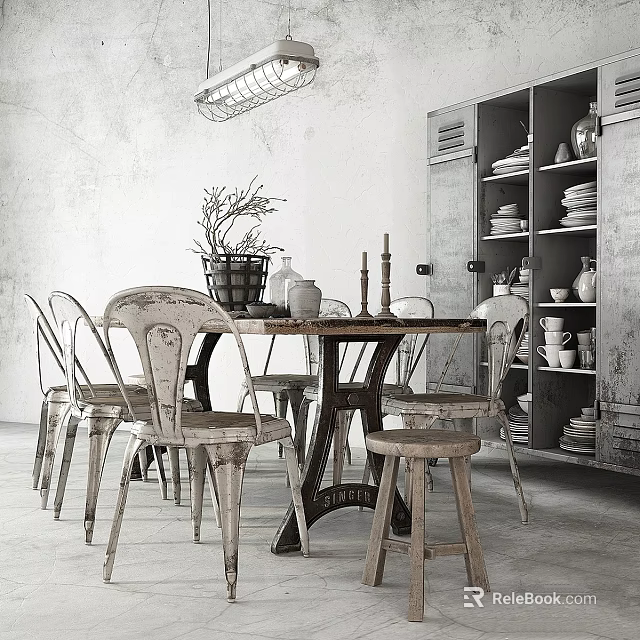 Vintage Industrial Dining Table And Chair Set With Distressed Wood And Metal Frames 3d model 