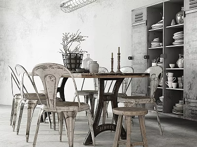 Vintage Industrial Dining Table And Chair Set With Distressed Wood And Metal Frames 3d model