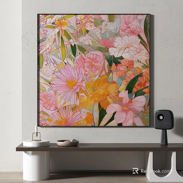 Colorful Floral Oil Painting With Pink Yellow Orange Flowers Green Leaves Hanging Above Wooden Shelf 3d model 