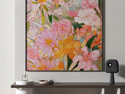 Colorful Floral Oil Painting With Pink Yellow Orange Flowers Green Leaves Hanging Above Wooden Shelf 3d model