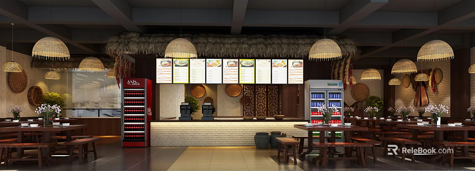 Cozy Restaurant Interior With Thatch Decor Menu Boards Pendant Lights And Counter 3d model 