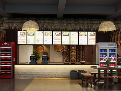 Cozy Restaurant Interior With Thatch Decor Menu Boards Pendant Lights And Counter 3d model