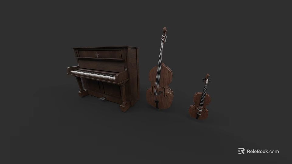 Brown Wooden Piano Double Bass And Violin Classical Musical Instruments 3d model 