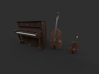 Brown Wooden Piano Double Bass And Violin Classical Musical Instruments 3d model