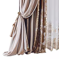 Elegant Beige Layered Curtains With White Inner Panel Gold Patterns And Tassel Ties