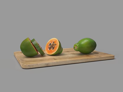 Fresh Papayas On Wooden Cutting Board With Sliced Halves Orange Flesh And Black Seeds 3d model