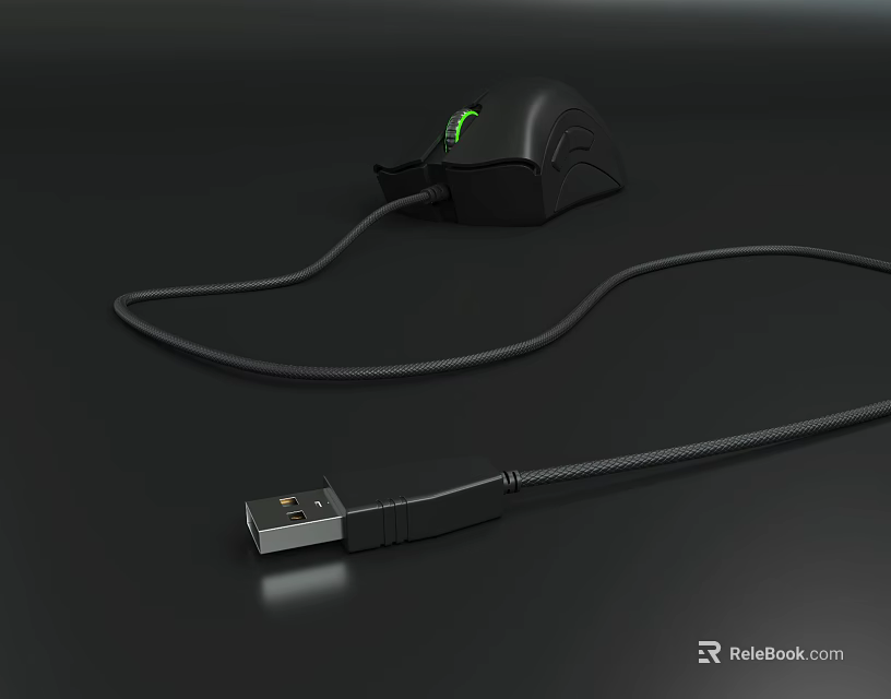 Ergonomic Black Wired Gaming Mouse With Green Light And USB Cable Design 3d model 