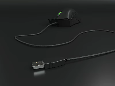 Ergonomic Black Wired Gaming Mouse With Green Light And USB Cable Design 3d model