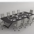 Modern Black Conference Table With Multiple Wheeled White Office Chairs In Office Setting
