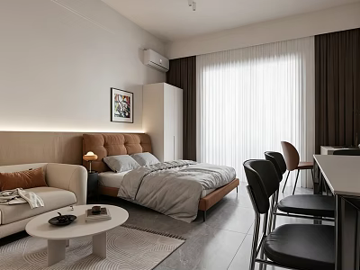Modern Minimalist Apartment Interior With Sofa Bed Table Chairs And Curtain Windows 3d model
