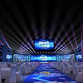 Modern Event Venue With Stage Lighting And Round Tables