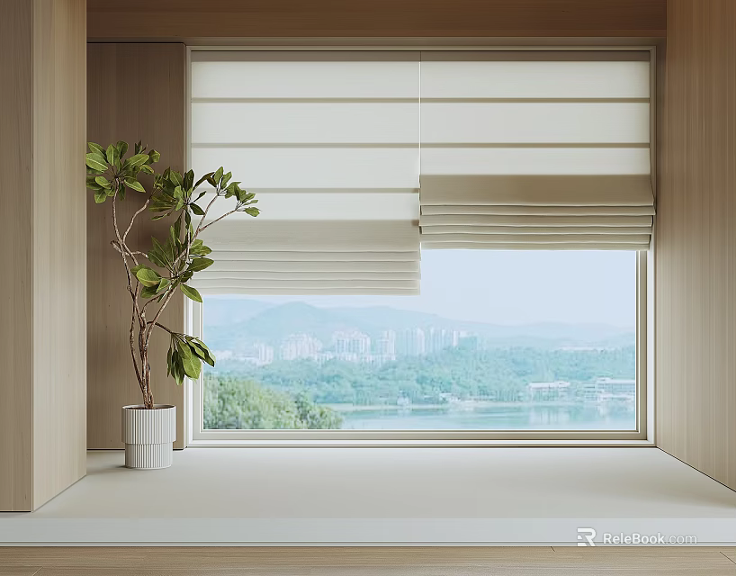 Light Colored Roman Blinds For Indoor Window With Green Plant And Lake View Cityscape 3d model 