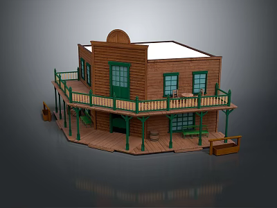 Cartoon Western Wooden House with Balcony Green Railings White Roof Porch Bench and Barrel 3d model