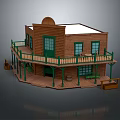 Cartoon Western Wooden House with Balcony Green Railings White Roof Porch Bench and Barrel