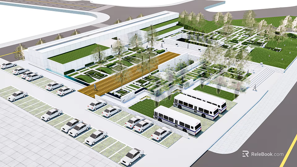 Modern Urban Public Space Design With Parking Area Green Spaces And Walkways 3d model 