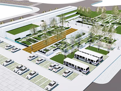 Modern Urban Public Space Design With Parking Area Green Spaces And Walkways 3d model