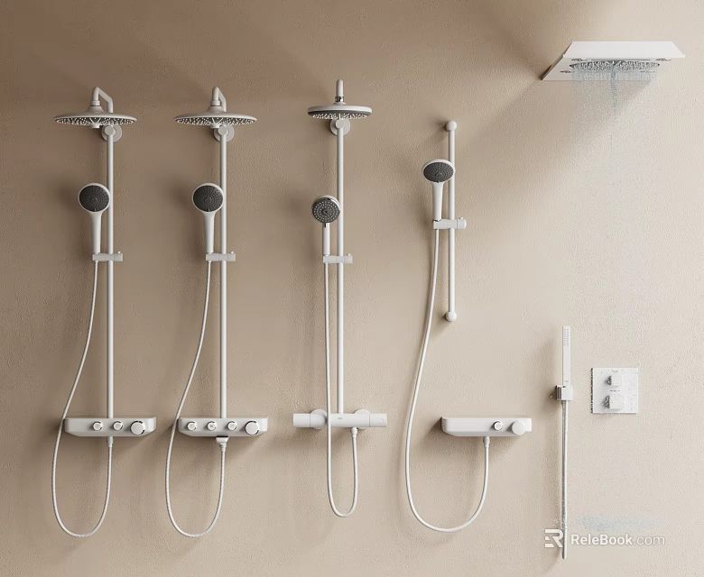 Modern Shower Systems with Rainfall and Handheld Sprayers Mounted on Beige Wall 3d model