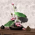 Black Vase With Pink Lotus Flowers And Green Leaves On Wooden Cabinet Gray Textured Wall
