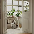 Living Room With Floral Wallpaper White Sofa Dark Cabinet Round Coffee Table And Potted Plants