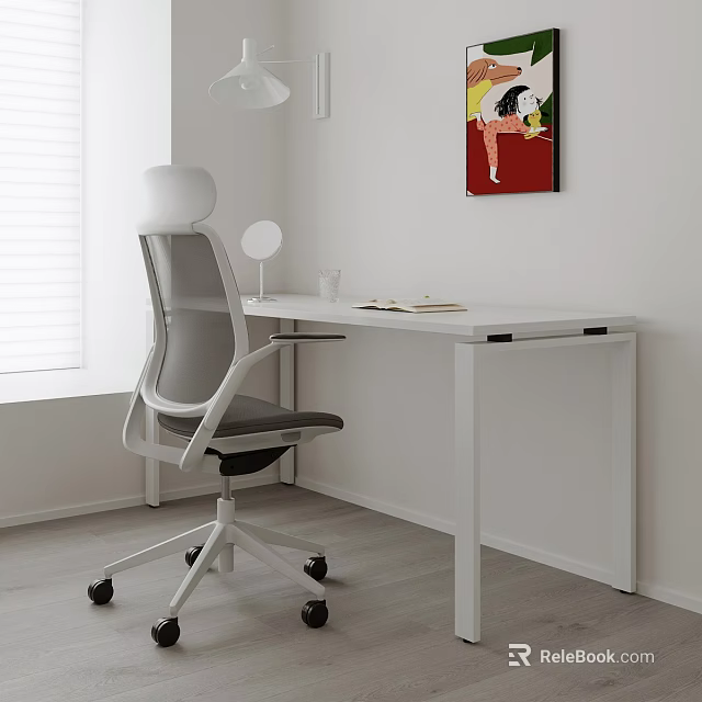 Modern White Desk Interior With Gray Office Chair Desk Lamp Notebook And Wall Art 3d model 