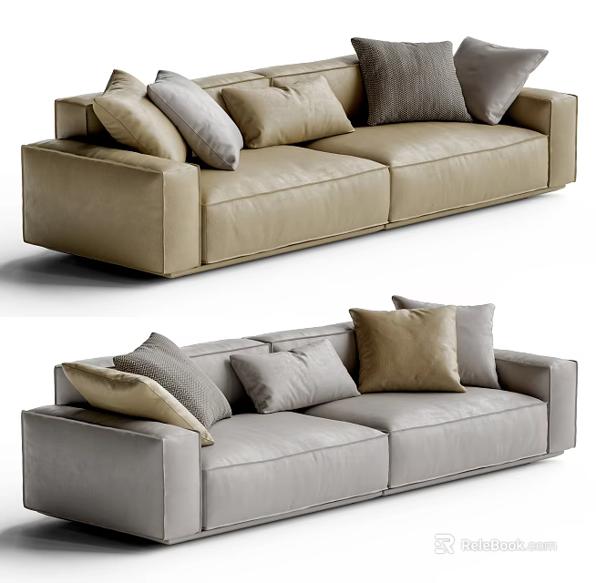 Modern Beige Light Gray Leather Two-Seater Sofa With Decorative Accent Pillows 3d model 