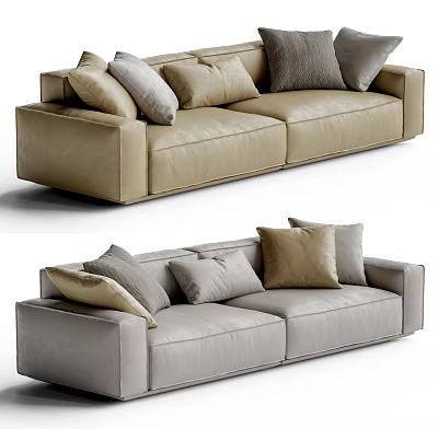 Modern Beige Light Gray Leather Two-Seater Sofa With Decorative Accent Pillows 3d model