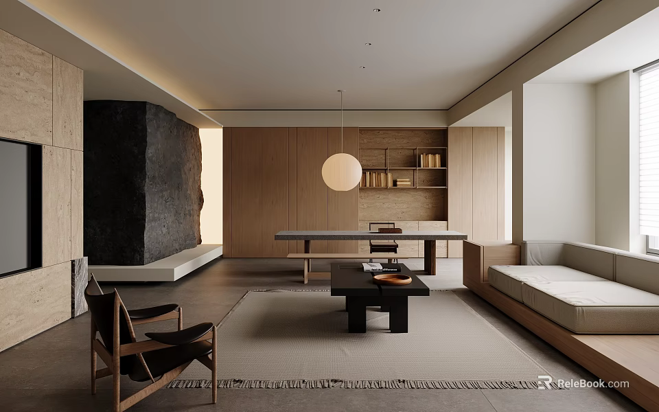 Modern Living Room Interior With Wooden Elements Black Fireplace Round Pendant Light And Long Table 3d model 