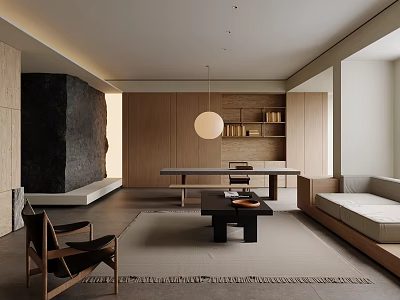 Modern Living Room Interior With Wooden Elements Black Fireplace Round Pendant Light And Long Table 3d model