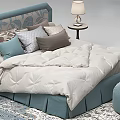 Double Bed With Blue Upholstered Headboard Multiple Pillows White Quilt And Side Table Lamp 3d model
