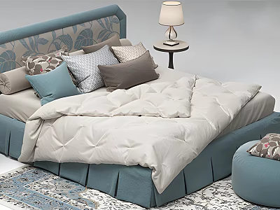 Double Bed With Blue Upholstered Headboard Multiple Pillows White Quilt And Side Table Lamp 3d model