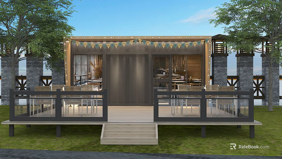 Container Building Design with Wooden Exterior Outdoor Deck Railings Steps Trees and Interior Tables Chairs 3d model 
