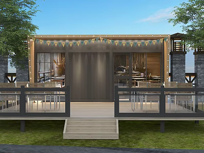 Container Building Design with Wooden Exterior Outdoor Deck Railings Steps Trees and Interior Tables Chairs 3d model