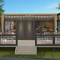 Container Building Design with Wooden Exterior Outdoor Deck Railings Steps Trees and Interior Tables Chairs
