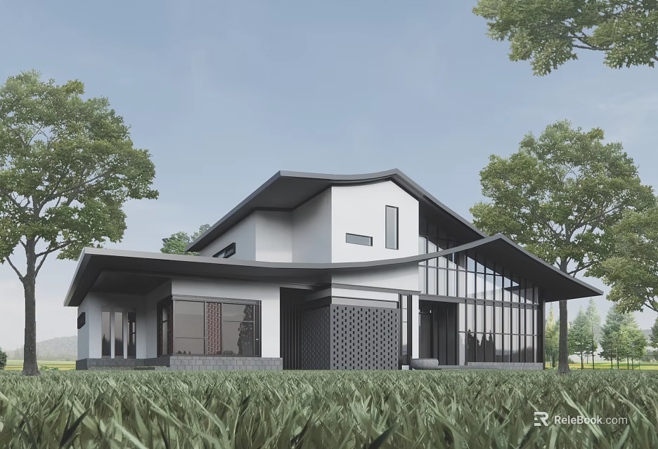 Modern Guesthouse Building with Sloped Roof Large Glass Windows and Green Surroundings 3d model 
