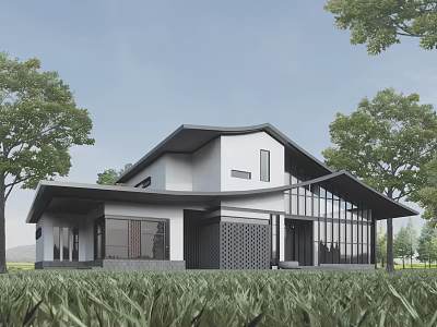 Modern Guesthouse Building with Sloped Roof Large Glass Windows and Green Surroundings 3d model