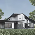Modern Guesthouse Building with Sloped Roof Large Glass Windows and Green Surroundings